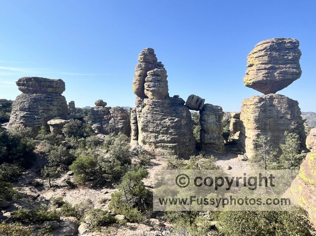 A view of Big Balanced Rock rising above surrounding hoodoos on the Chiricahua Big Loop in Chiricahua National Monument.
