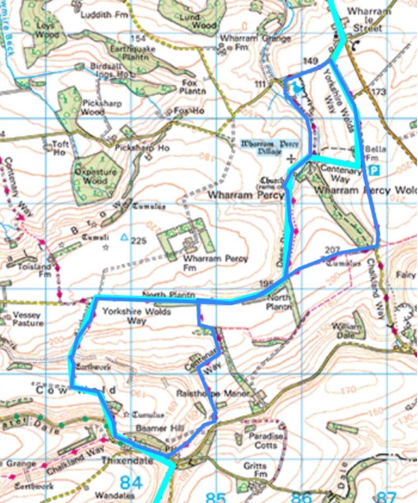 Yorkshire Wolds Way: Wharram Percy & Thixendale Loop OS map extract