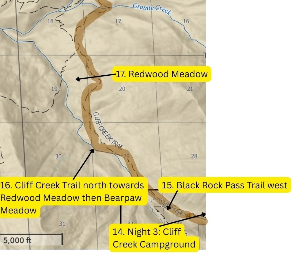 High Sierra Trail Loop Map: Days 4–5 (Cliff Creek to Crescent Meadow)