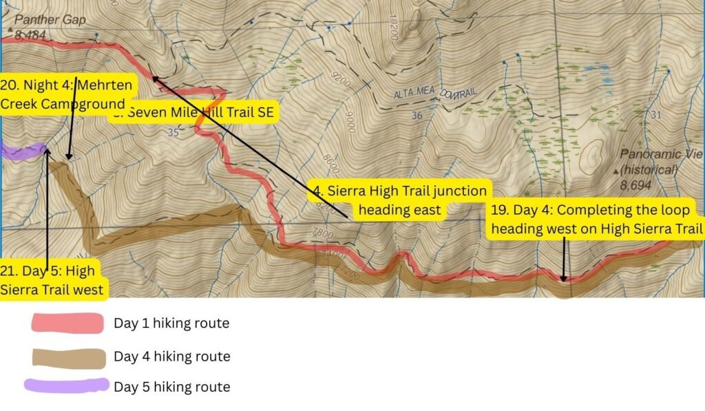 High Sierra Trail Loop Map: Days 4–5 (Cliff Creek to Crescent Meadow)