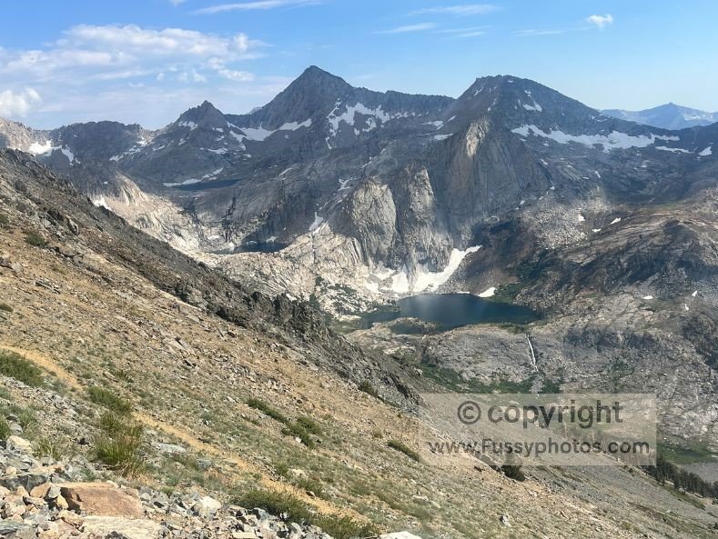 Looking south from Black Rock Pass toward Sawtooth Mountain and the rugged Columbine, Cyclamen, and Spring Lakes — terrain that will tempt hikers to extend the loop into Mineral King.