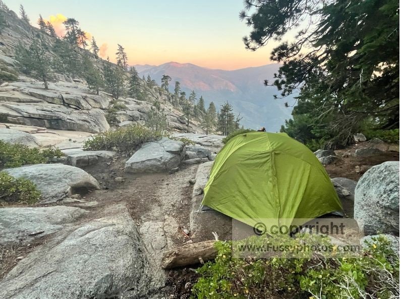 Sunset glow over the peaks near Mehrten Creek as we set up camp on the High Sierra Trail