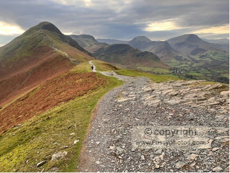 Flatter ridge walking with the steep final climb to Cat Bells rising ahead.