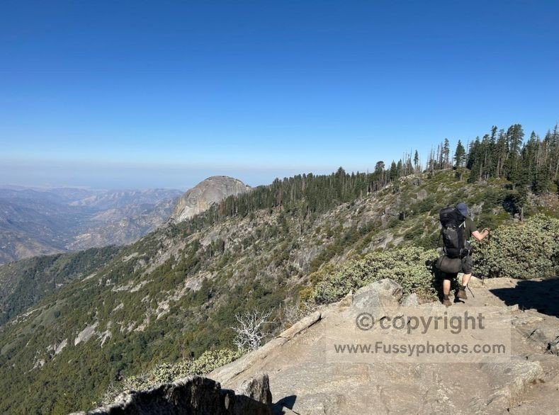 Final miles of the High Sierra Trail Loop, heading west with Moro Rock rising in the distance