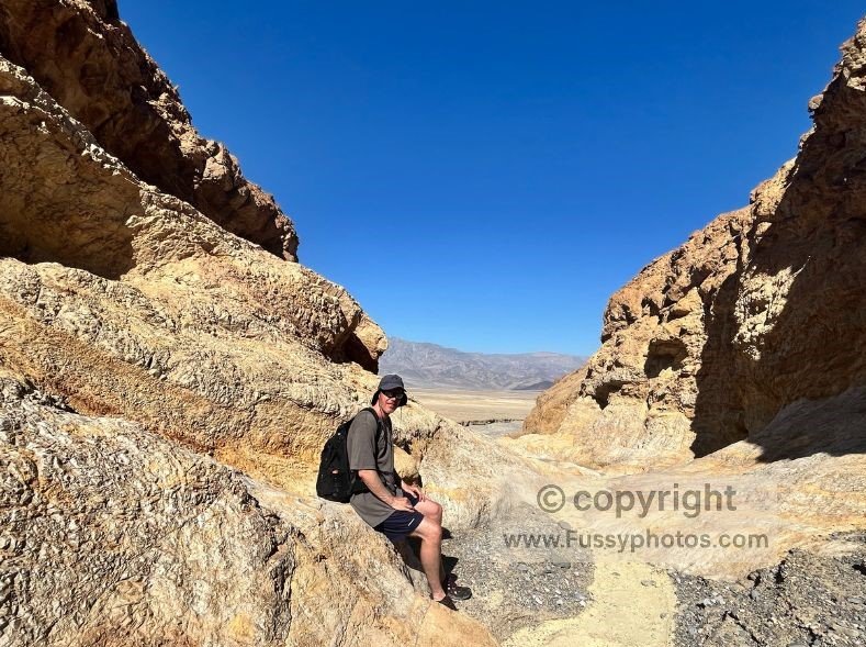 Reaching the end of Gower Gulch as the trail joins Furnace Creek Wash and opens out onto wider terrain.