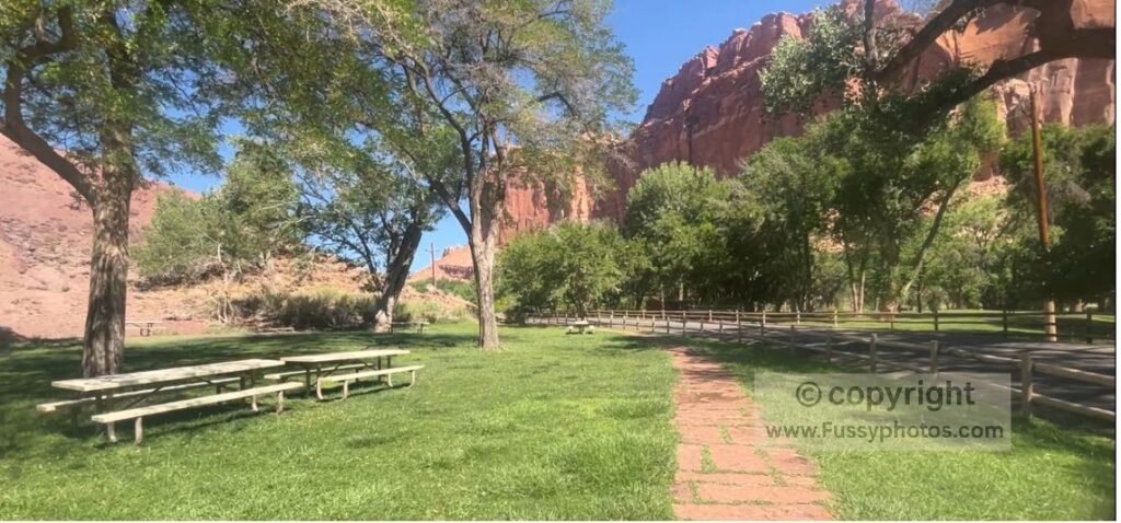 Shaded benches near the historic Gifford Barn in Fruita — a perfect midday cooldown spot.