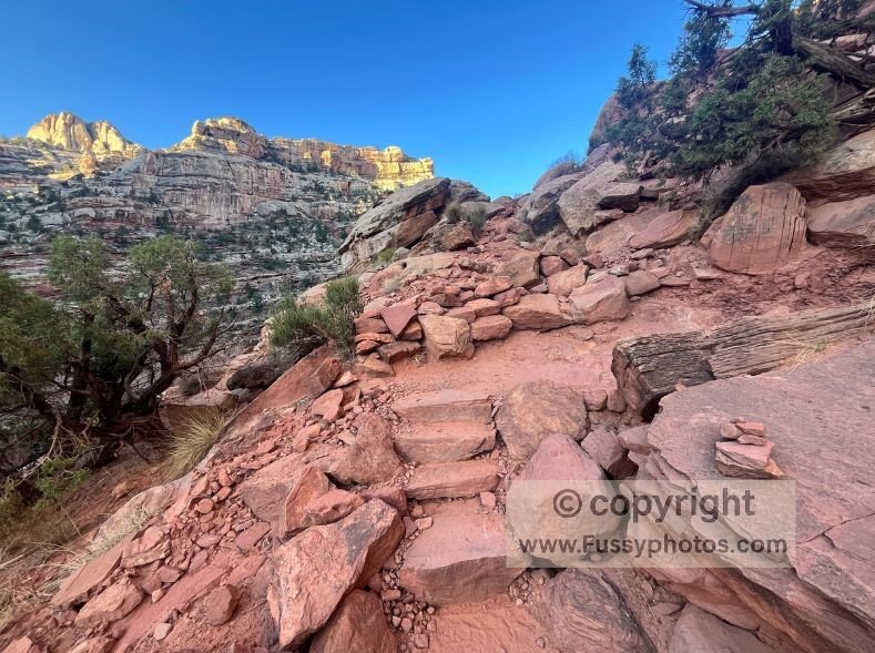 Narrow cliff‑side section of the Cassidy Arch Trail carved into the red rock above Grand Wash.