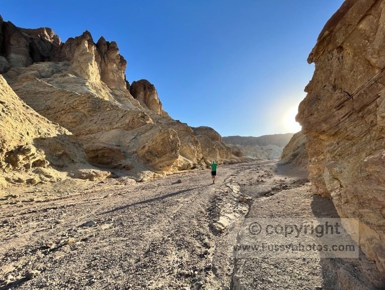 Morning sun breaking into Golden Canyon, lighting up the walls as the day begins to heat up.