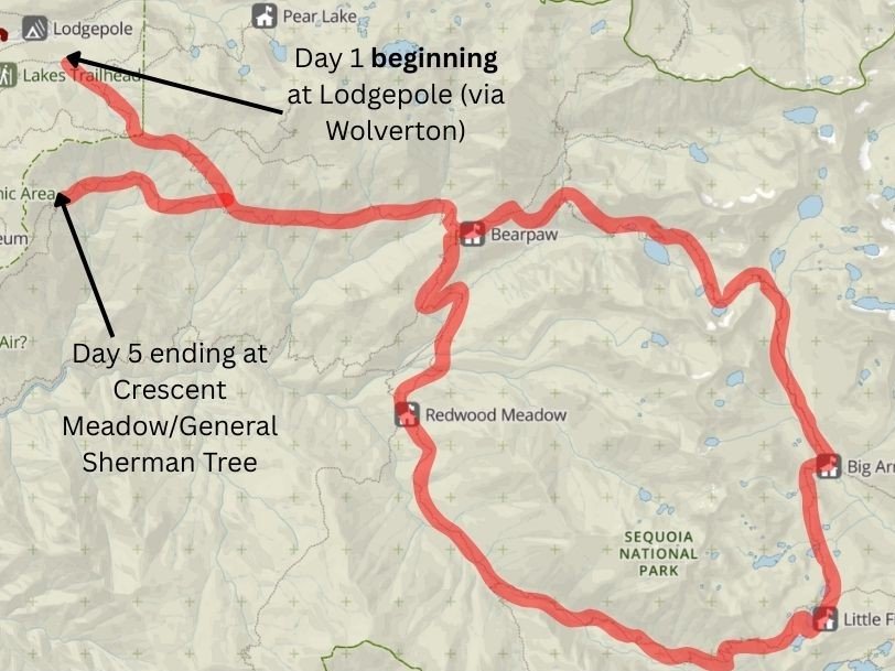 Base map courtesy of the National Park Service (public domain). Route annotations by Fussyphotos (Jack). The red line shows the Hamilton Basin Loop route.