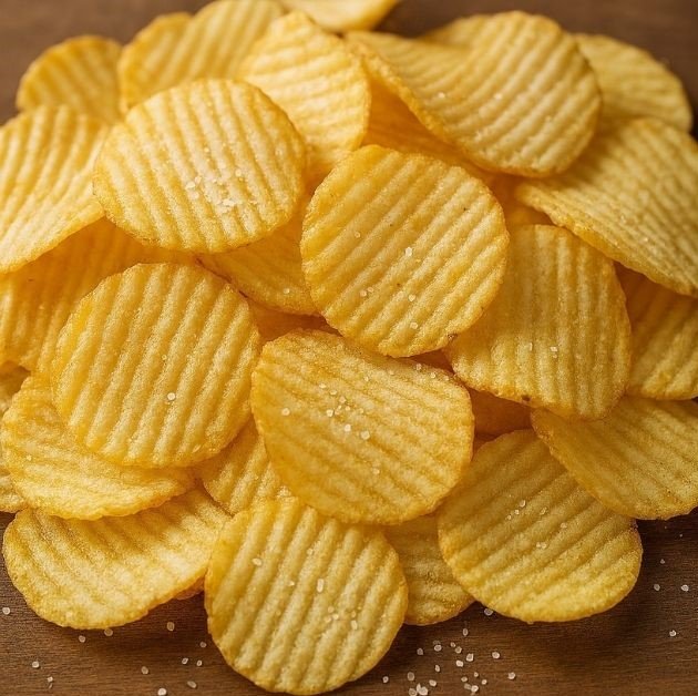 A bowl of salted potato chips on a table, shown as an example of salty snacks used to replace sodium lost during hot‑weather hiking.