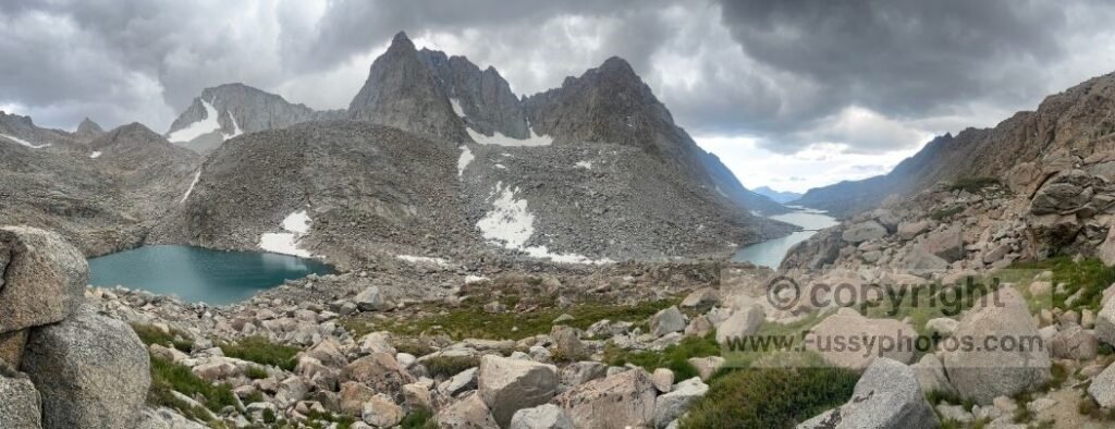 Westward view over Darwin Canyon from high on the ascent to Lamarck Col, with sweeping sightlines toward the Mendel and Darwin Glaciers.