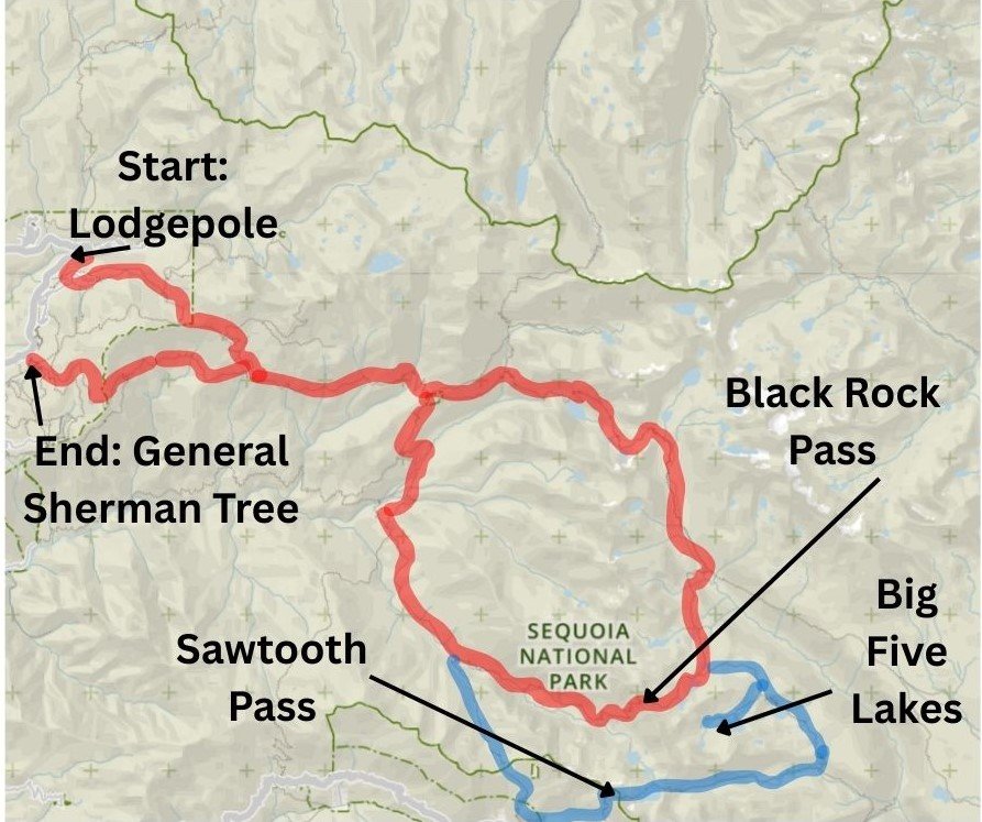 Base map courtesy of the National Park Service (public domain). Route annotations by Fussyphotos (Jack). The red line shows the original Hamilton Basin Loop; the blue line highlights the Mineral King extension.