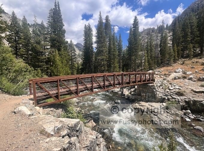 Crossing the footbridge over the South Fork San Joaquin River on the John Muir Trail, heading toward the junction with the Goddard Canyon Trail.