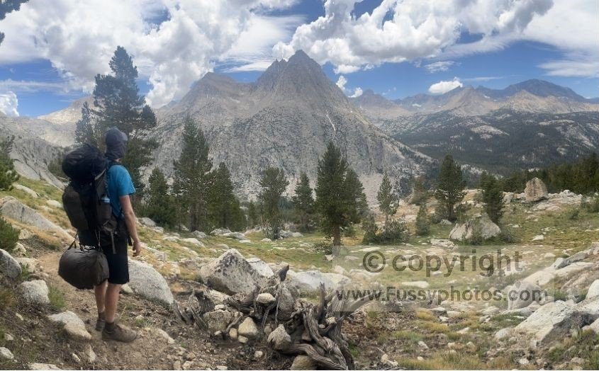 Northern view of The Hermit rising above the switchbacks, seen from the junction where the unmarked route toward Darwin Bench begins.