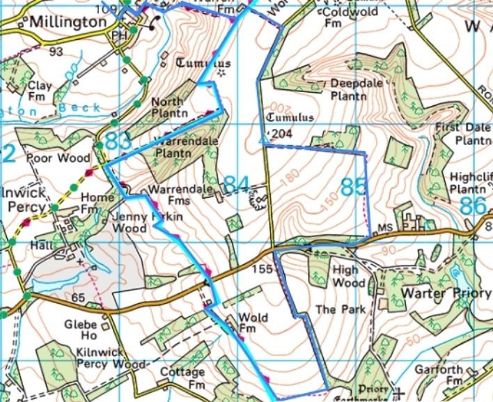Light blue shows the Wolds Way; dark blue marks the Millington Circular route. Where the two overlap, the circular route follows the Wolds Way.                           