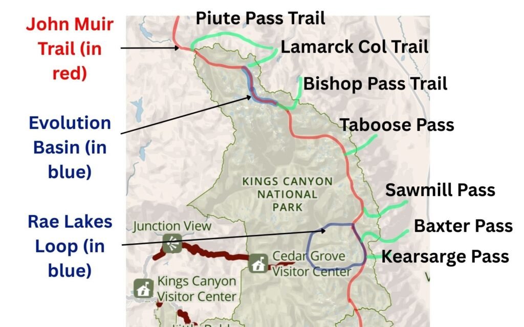 A simplified overview map of Kings Canyon National Park showing the John Muir Trail in red, seven eastern Sierra entrance passes in green (Piute, Lamarck Col, Bishop, Taboose, Sawmill, Baxter, and Kearsarge), and two major backpacking destinations—Evolution Basin and the Rae Lakes Loop—highlighted in blue. Map annotated by Jack (aka Fussyphotos) using a public‑domain National Park Service base map.