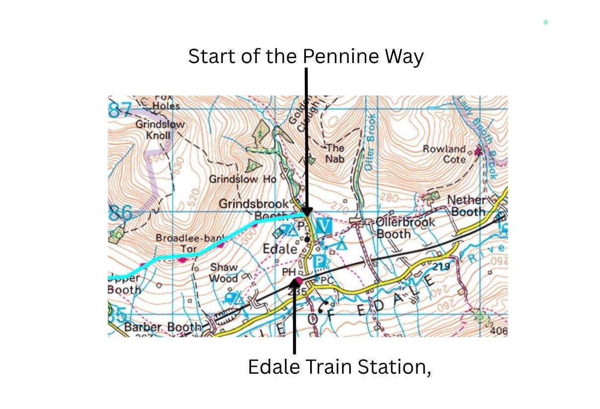 OS map of the Pennine Way at Edale showing the blue‑marked trail starting near Edale train station.