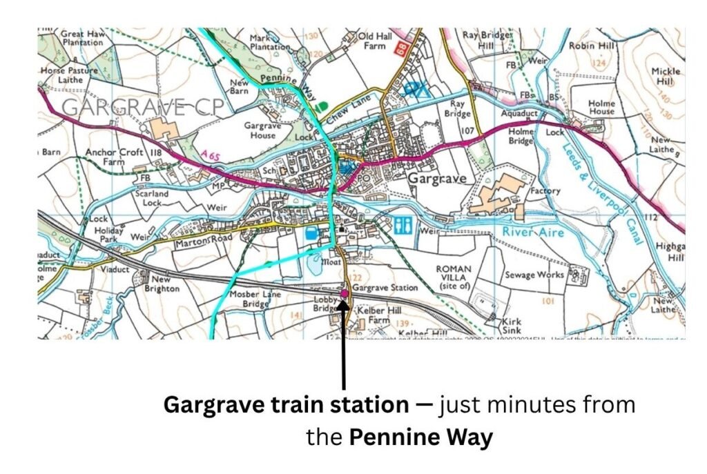 Here you go — clean, on its own line, nothing extra around it:
OS map of the Pennine Way near Gargrave showing the blue‑marked trail and the labelled Gargrave train station as an early‑finish option.