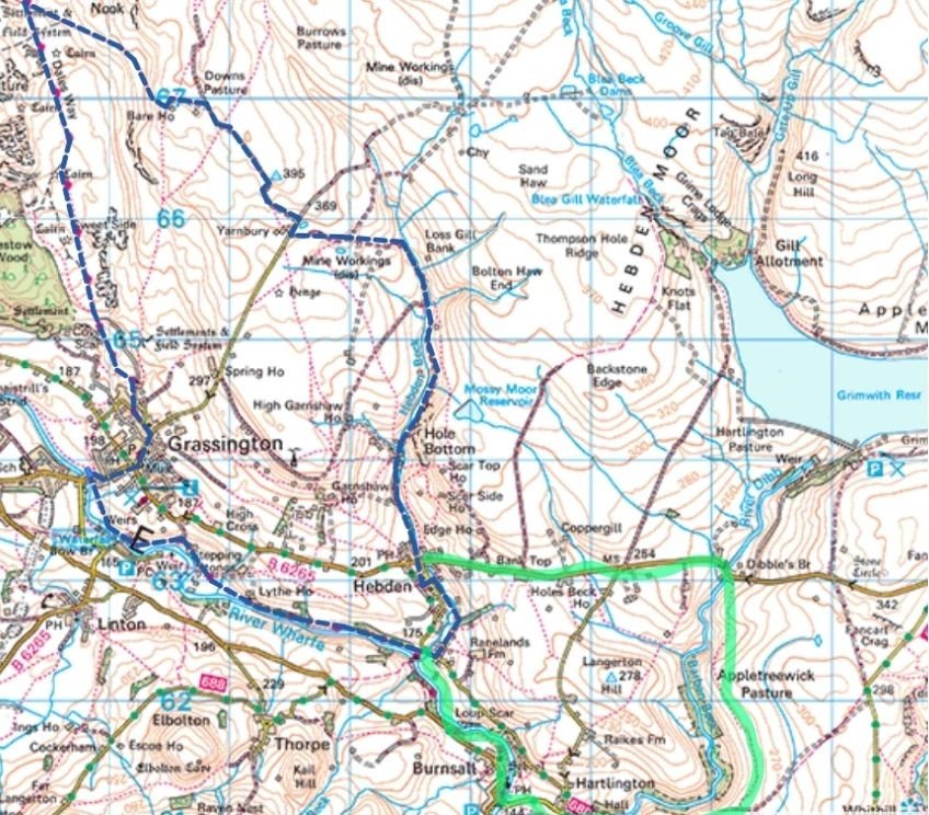 **Alt text:**
Map showing the Grassington Circular walk with the 14.5‑mile Burnsall extension, including the main route in blue and the Burnsall section in green.