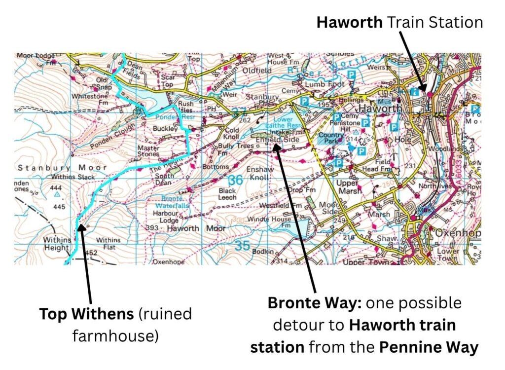 OS map of the Pennine Way near Top Withens showing the blue‑marked trail and a Brontë Way detour towards Haworth train station.