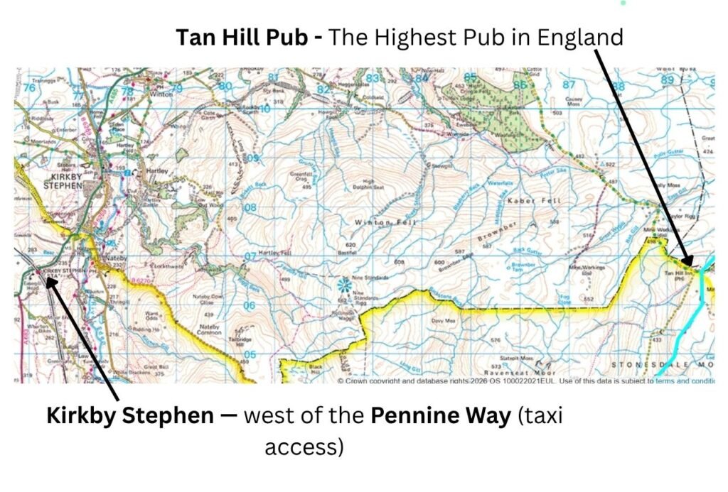 OS map of the Pennine Way near Tan Hill showing the blue‑marked trail and Kirkby Stephen to the west, the nearest rail access for this remote section.