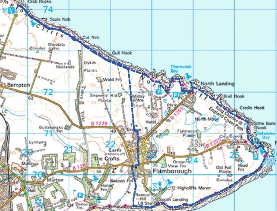 OS map of the Bempton Cliffs and Flamborough Head circular walk, displaying the full route and key coastal landmarks.