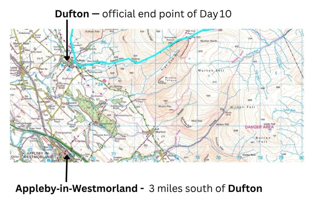 OS map of the Pennine Way at Dufton showing the blue‑marked trail, the village end point, and nearby Appleby‑in‑Westmorland as the closest rail access.
