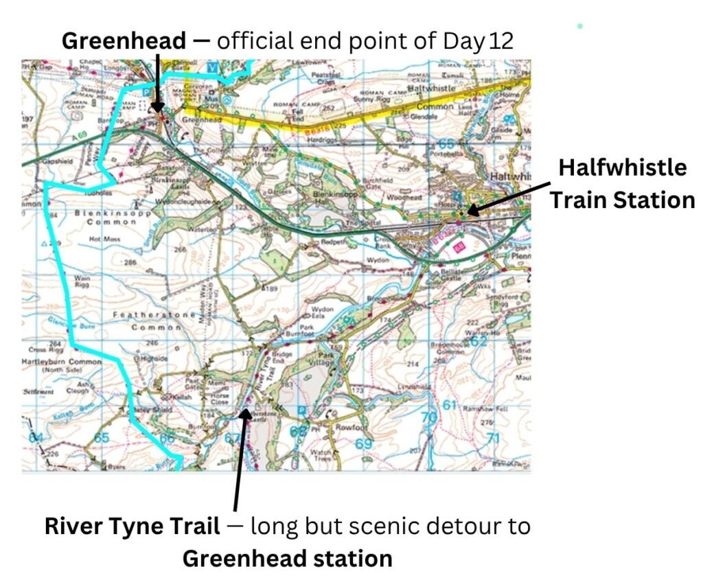 OS map of the Pennine Way near Greenhead showing the blue-marked trail and the labelled Greenhead station, the last practical rail access point on the route.