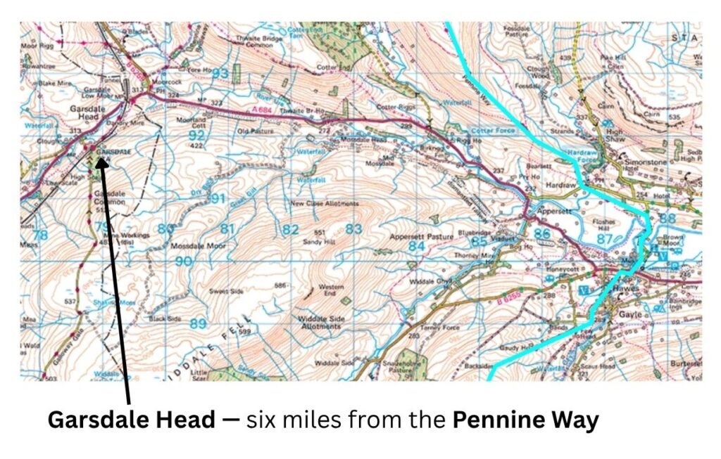 OS map of the Pennine Way near Hawes showing the blue‑marked trail and Garsdale Head station six miles away, not a practical end‑of‑stage option.