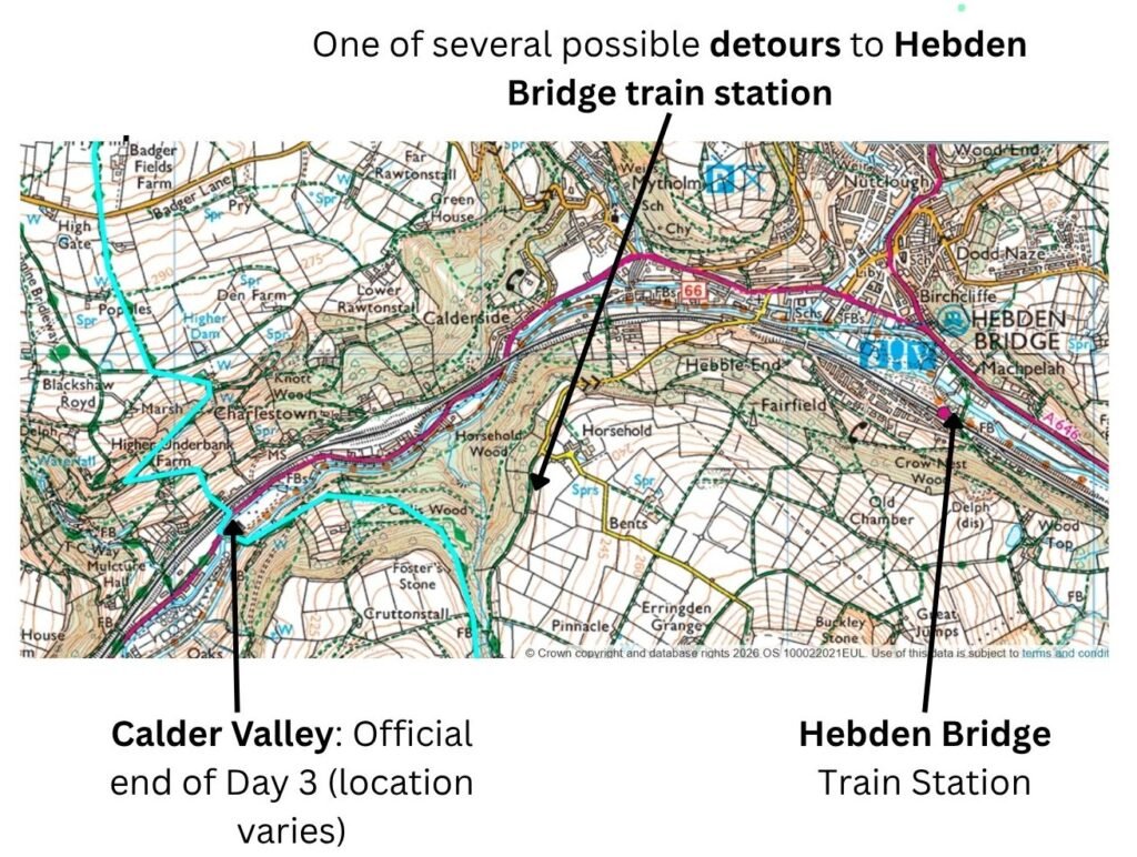 OS map of the Pennine Way in the Calder Valley showing the blue‑marked trail and a detour option to Hebden Bridge train station.