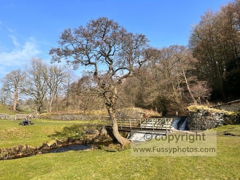 Wooden footbridge crossing Hebden Beck with a small waterfall beneath it on the lower trail through Hebden.