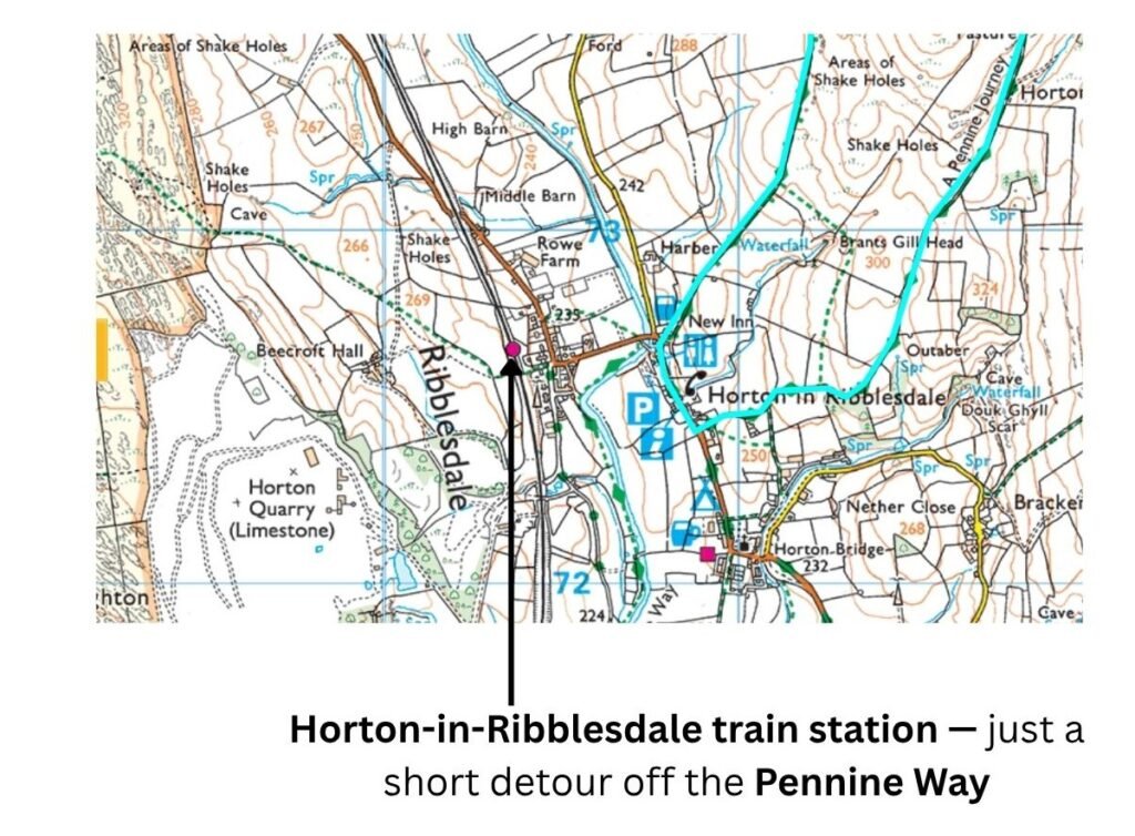 Here’s the clean, single‑line alt text for Day 6:

OS map of the Pennine Way at Horton‑in‑Ribblesdale showing the blue‑marked trail and the labelled train station for easy access.