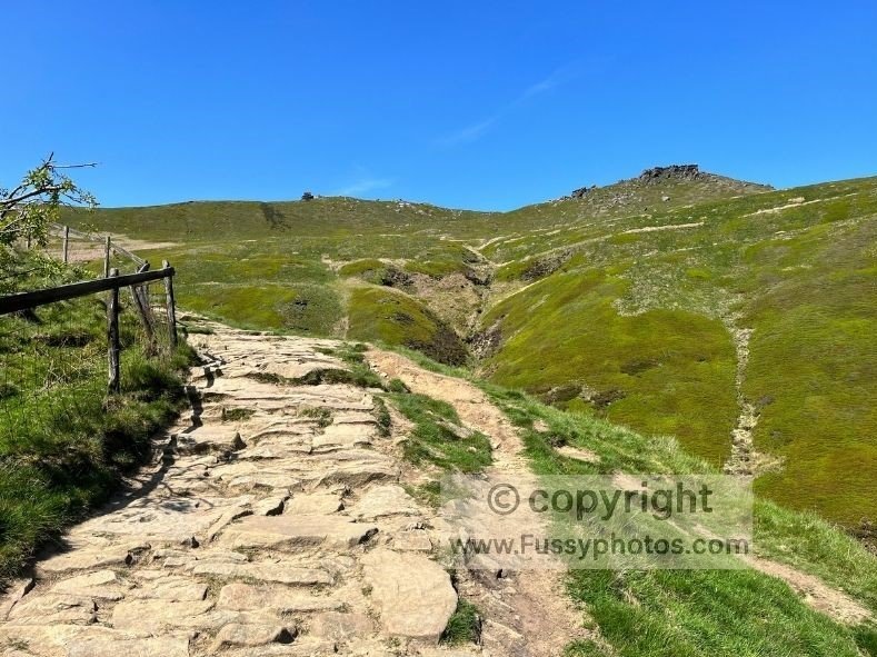 Stone steps climbing Jacob’s Ladder on the Pennine Way, showing the steepening gradient above Edale.