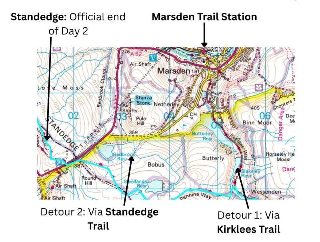 OS map of the Pennine Way at Standedge showing the blue‑marked trail and detours to Marsden station via the Kirklees Way and Standedge Trail.