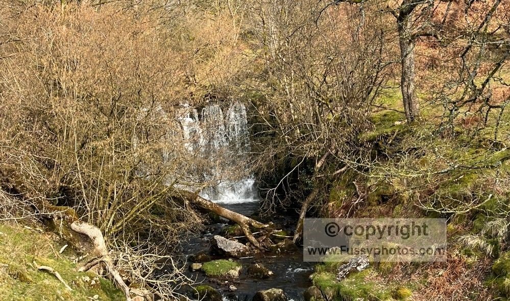Partially obscured view of Scale Haw Force waterfall, accessed by a short detour with a river crossing near Hebden.