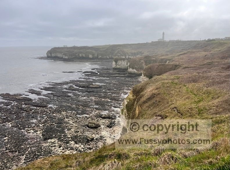 View north of the wave‑cut platform and cliffs, with Flamborough Lighthouse visible in the distance.