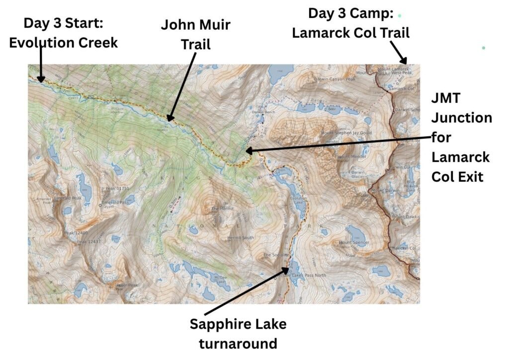 Static map showing labelled points for the Day 3 start at Evolution Creek, the John Muir Trail, the Sapphire Lake turnaround, the JMT junction for the Lamarck Col exit, and the Day 3 camp on the Lamarck Col Trail. No route line is drawn. Base map from CalTopo with annotations by Fussyphotos (Jack).