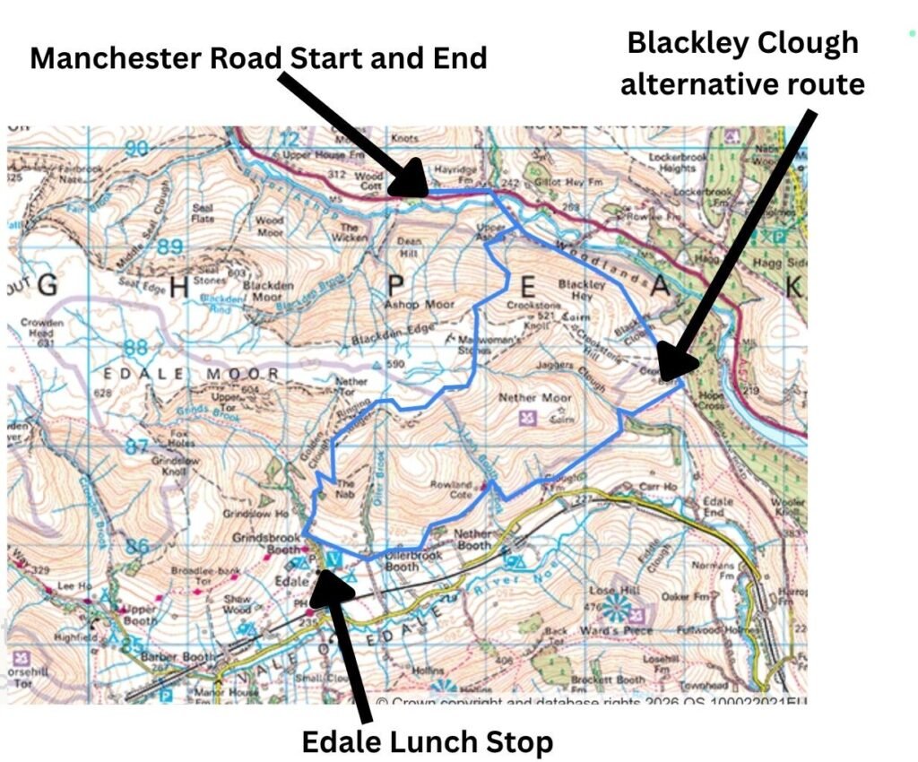 Annotated map of the alternative return route with labels for Manchester Road, Edale, and the Blackley Clough line.