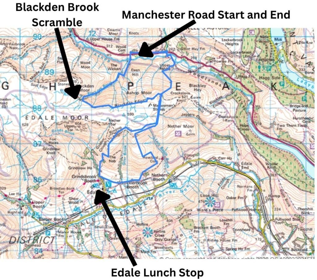 Map of the Blackden Brook and Blackden Edge Circular route with labels for Manchester Road, the Blackden Brook scramble, and Edale, shown as a blue line.