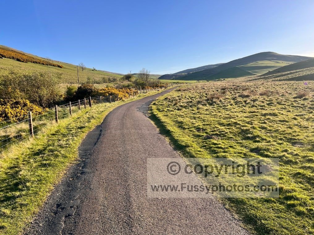 Westward road section running parallel to Elsdon Burn, taken while pushing towards the border before dusk.