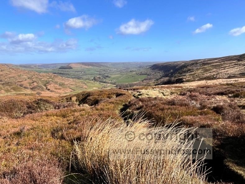 View down Great Fryup Dale from the ridge on the Coast to Coast, showing the broad U‑shaped valley below in bright but windy conditions.