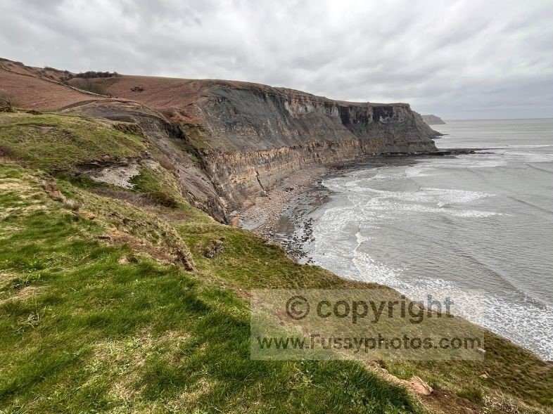 Photo of the steep cliffs at Normanby Stye Batts, showing the broad wave‑cut platform beneath the headland.