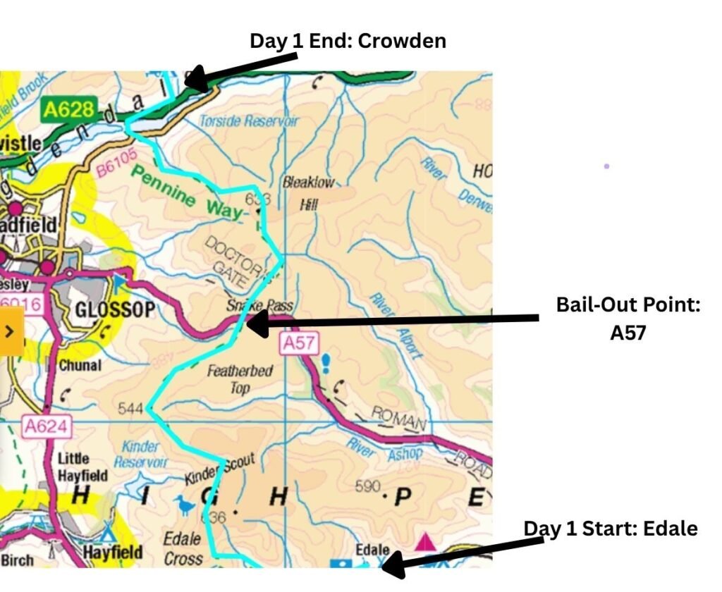Map showing the Pennine Way from Edale to Crowden with the A57 bail‑out point highlighted and the route marked in light blue.