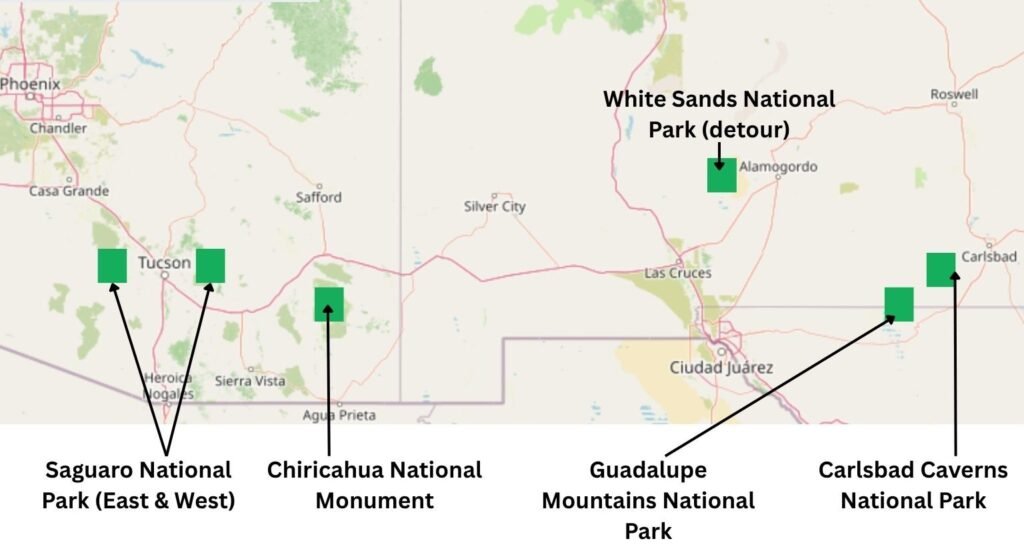 Static map showing approximate green‑square markers for Saguaro, Chiricahua, Guadalupe Mountains, Carlsbad Caverns and White Sands National Park on an OpenStreetMap base, with labelled annotations.