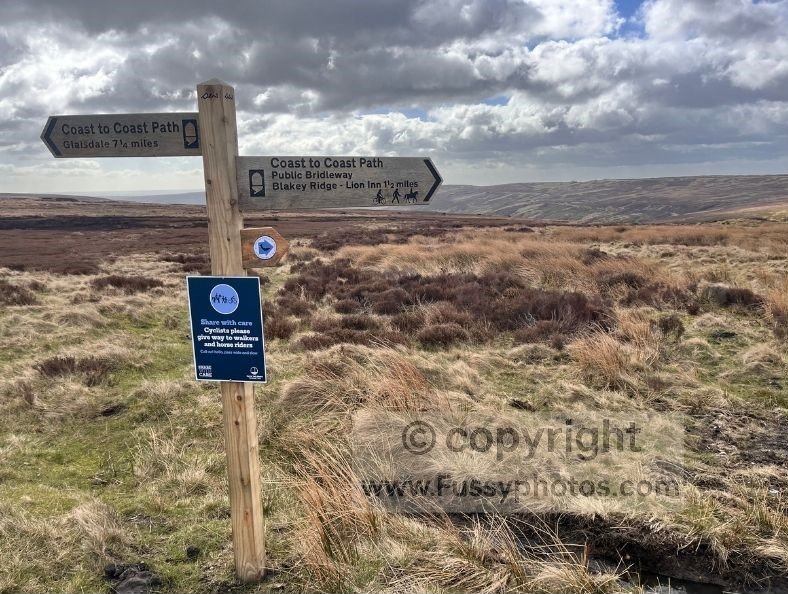 Coast to Coast waymarker on Glaisdale Moor showing 1.5 miles to The Lion Inn, with open moorland views along the windy ridge.
