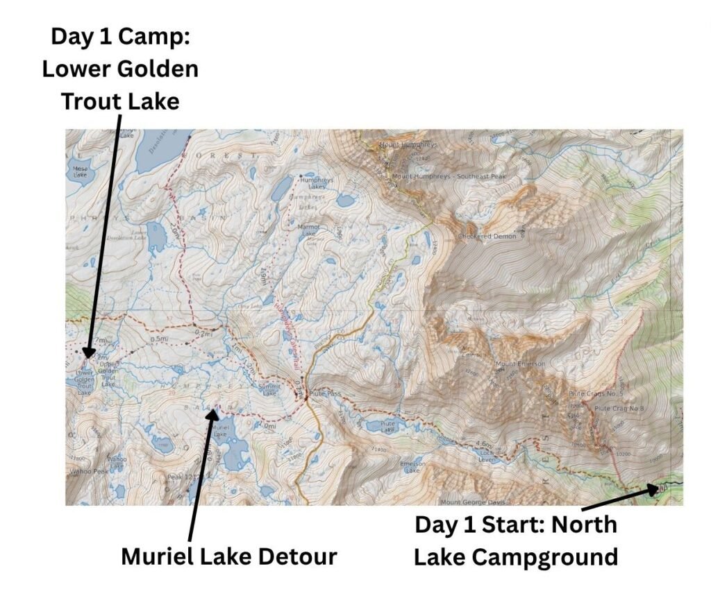 Static map showing the Day 1 start point, the Day 1 camp at Lower Golden Trout Lake, and the Muriel Lake detour marked as labelled points. No route line is drawn. Base map from CalTopo with annotations by Fussyphotos (Jack).
