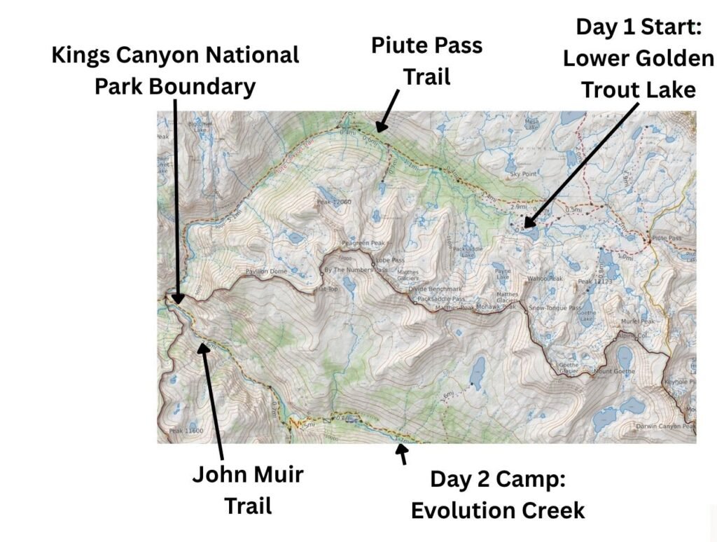 Static map showing labelled points for the Day 1 start, Lower Golden Trout Lake, the Piute Pass Trail, the John Muir Trail, and the Evolution Creek camp. No route line is drawn. Base map from CalTopo with annotations by Fussyphotos (Jack).