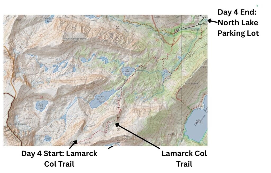 Static map showing labelled points for the Day 4 start on the Lamarck Col Trail and the Day 4 end at the North Lake parking lot. No route line is drawn. Base map from CalTopo with annotations by Fussyphotos (Jack).
