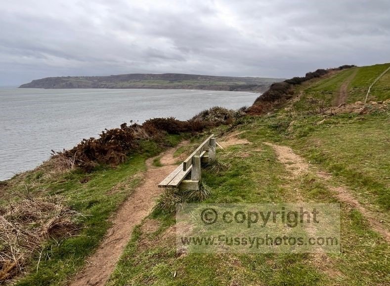 Photo of a bench on the clifftop overlooking the headland and the hidden curve of Robin Hood’s Bay, taken on the Coast to Coast path.