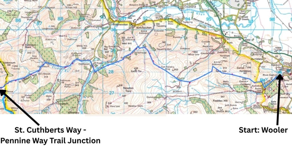 Annotated Day 1 route map from Wooler to St Cuthbert’s Way, with the Pennine Way appearing only on the boundary of the map.